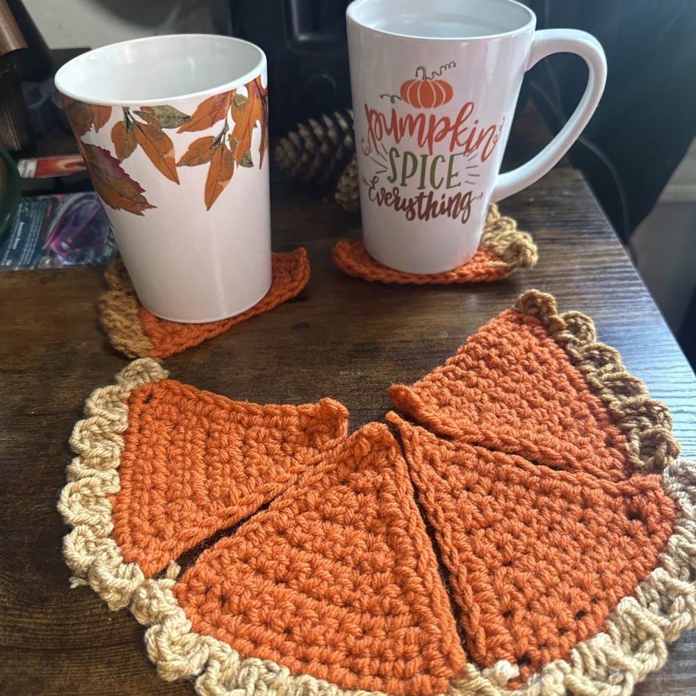 Handmade Crochet Pumpkin Pie Slice Coasters Set of 6 Fall Thanksgiving Gift